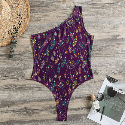 Purple Bohemian Dream Catcher Print One Shoulder Bodysuit