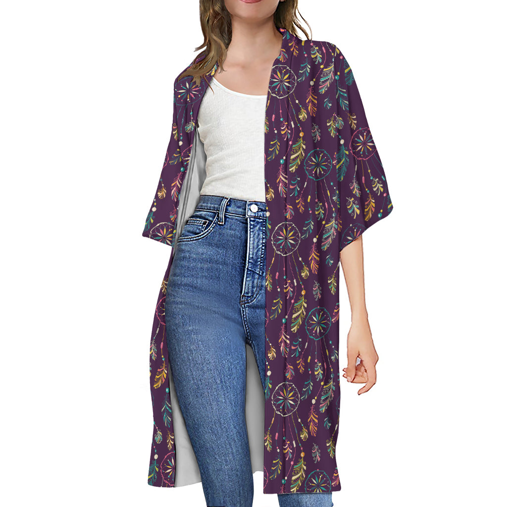 Purple Bohemian Dream Catcher Print Open Front Beach Cover Up