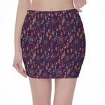 Purple Bohemian Dream Catcher Print Pencil Mini Skirt