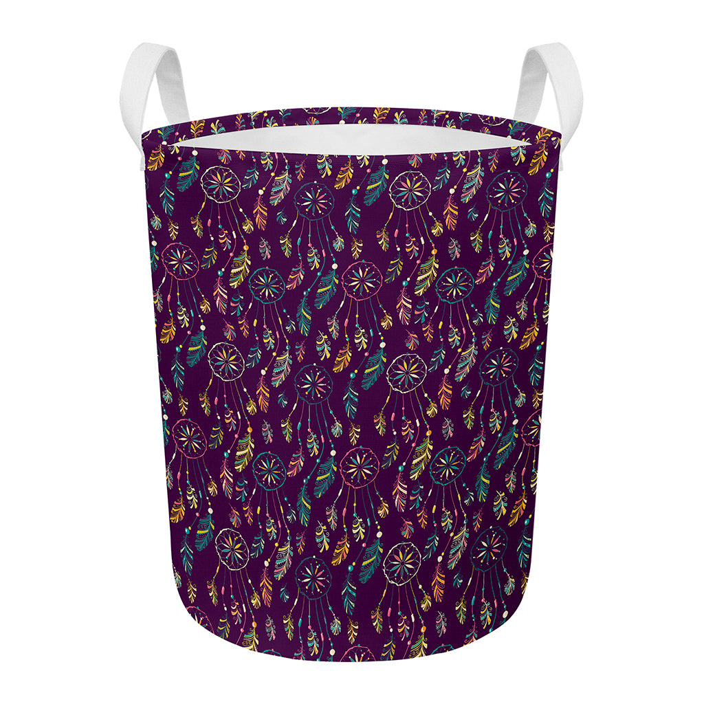 Purple Bohemian Dream Catcher Print Round Laundry Basket