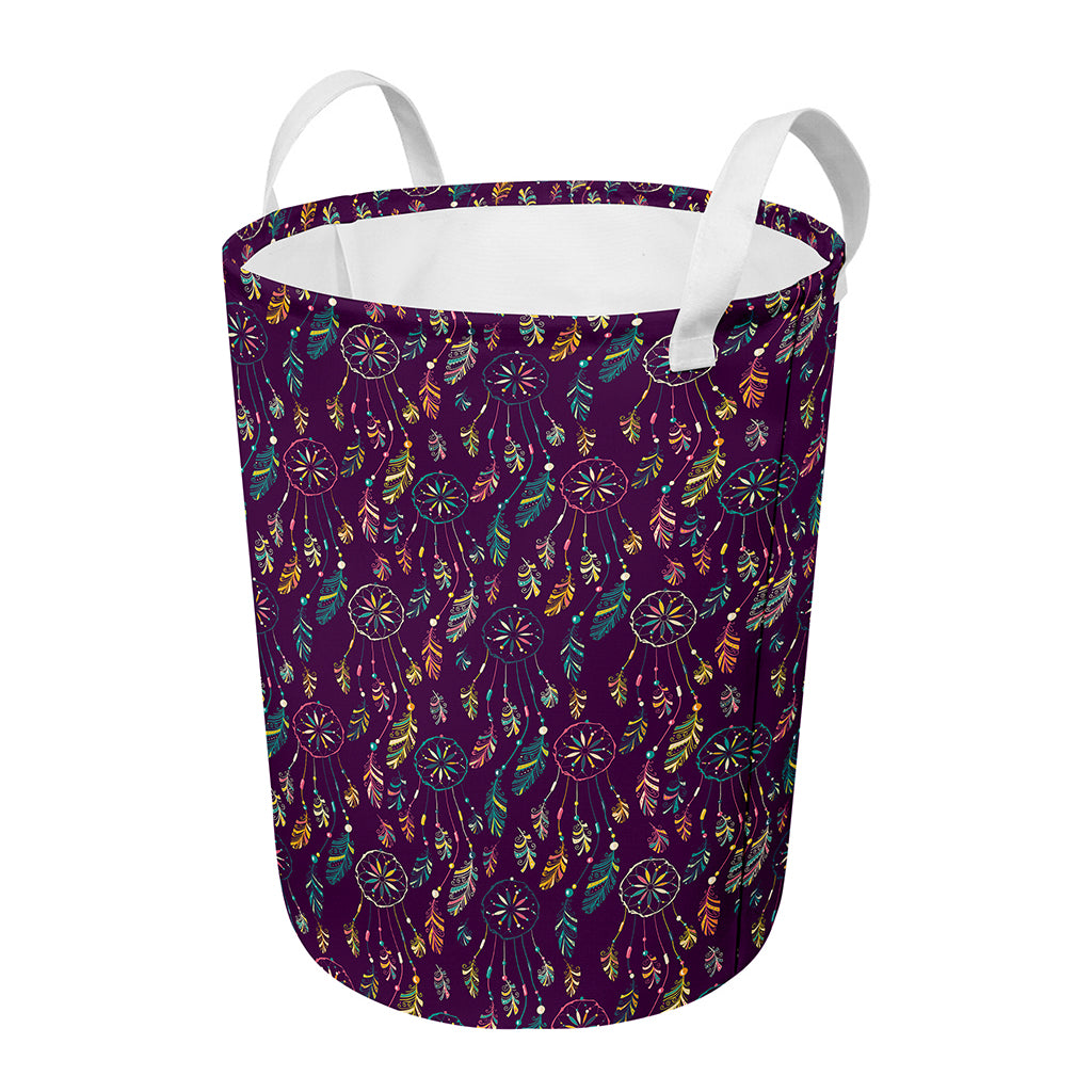 Purple Bohemian Dream Catcher Print Round Laundry Basket