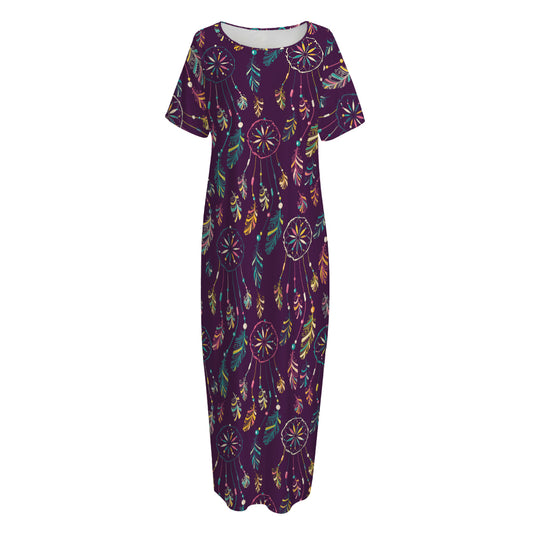 Purple Bohemian Dream Catcher Print Short Sleeve Long Nightdress