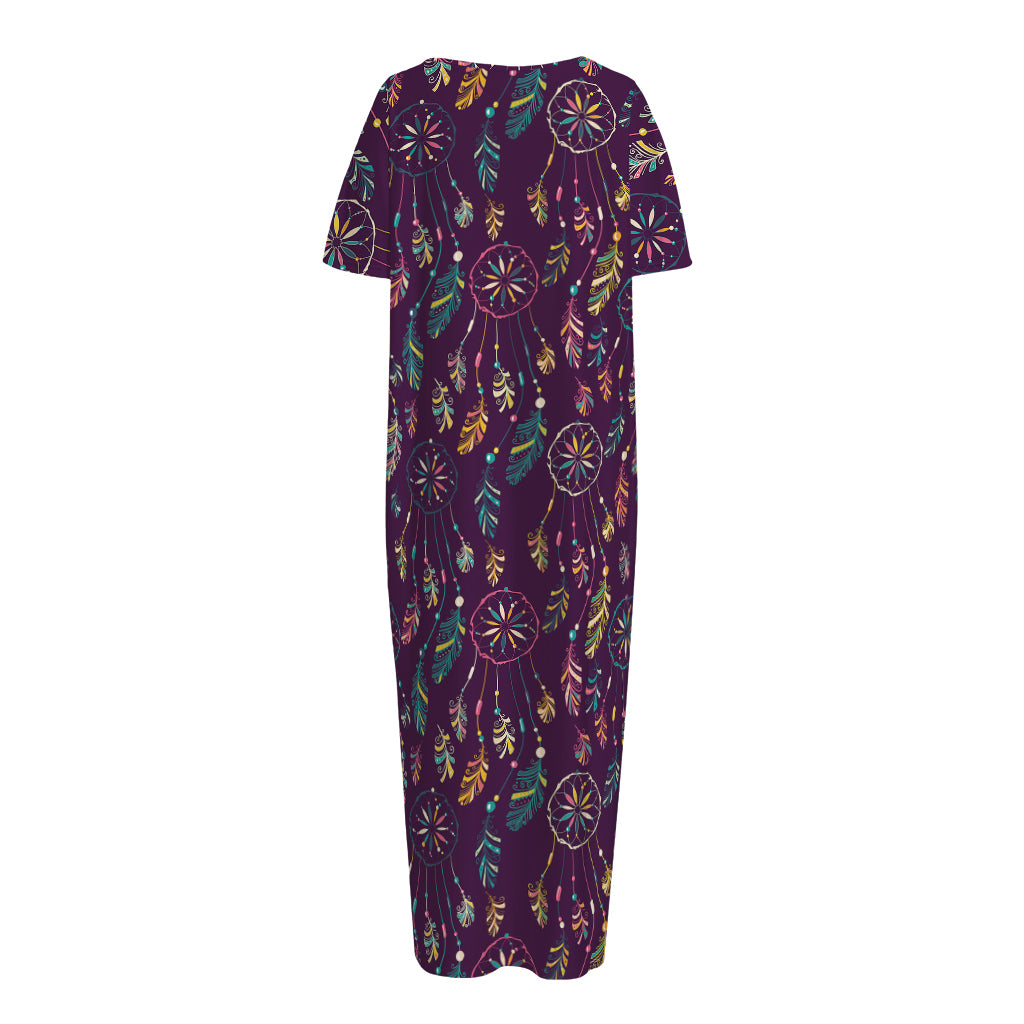Purple Bohemian Dream Catcher Print Short Sleeve Long Nightdress