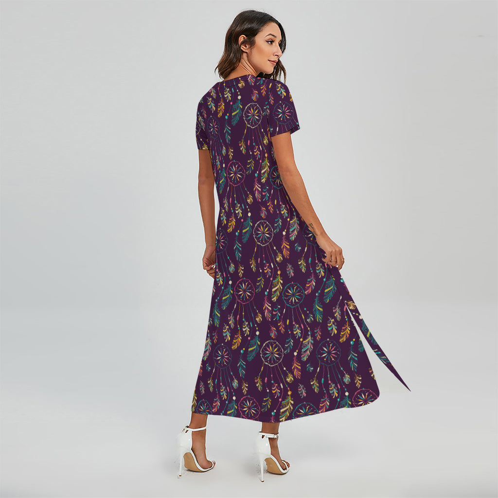 Purple Bohemian Dream Catcher Print Short Sleeve Maxi Dress
