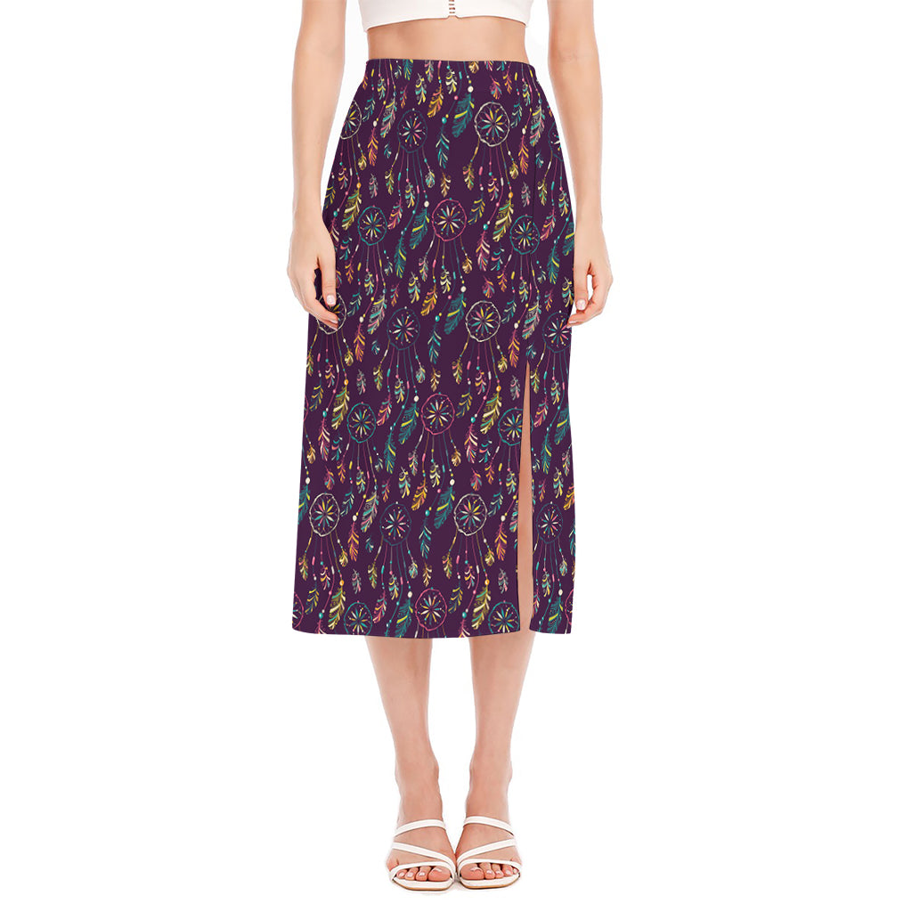 Purple Bohemian Dream Catcher Print Side Slit Midi Skirt