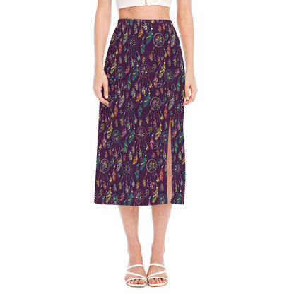 Purple Bohemian Dream Catcher Print Side Slit Midi Skirt