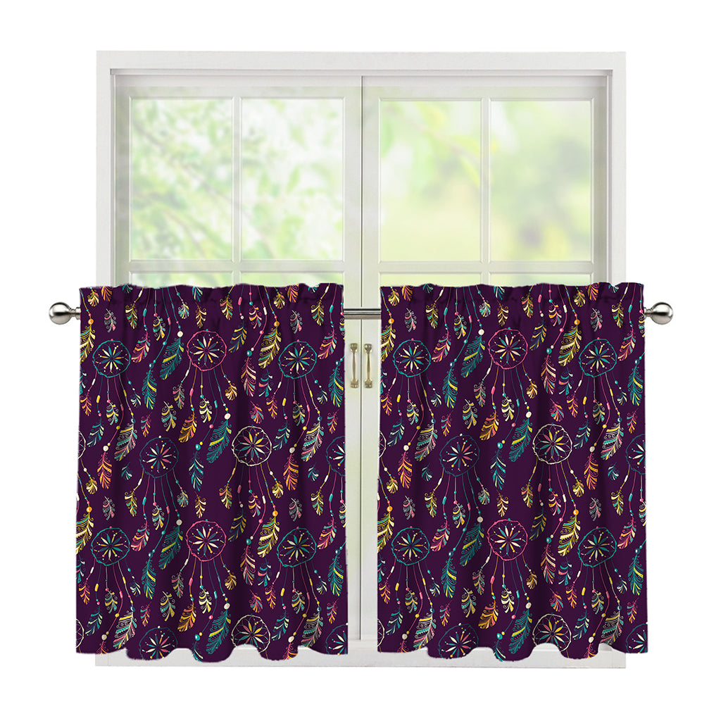 Purple Bohemian Dream Catcher Print Tier Curtains