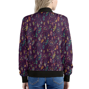 Purple Bohemian Dream Catcher Print Women's Bomber Jacket