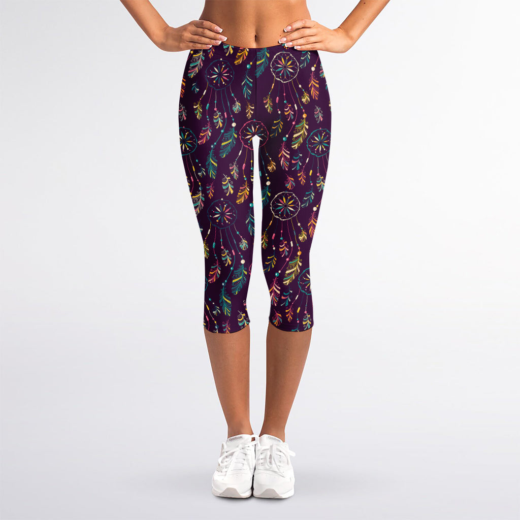 Purple Bohemian Dream Catcher Print Women's Capri Leggings
