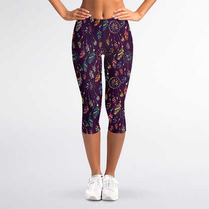 Purple Bohemian Dream Catcher Print Women's Capri Leggings