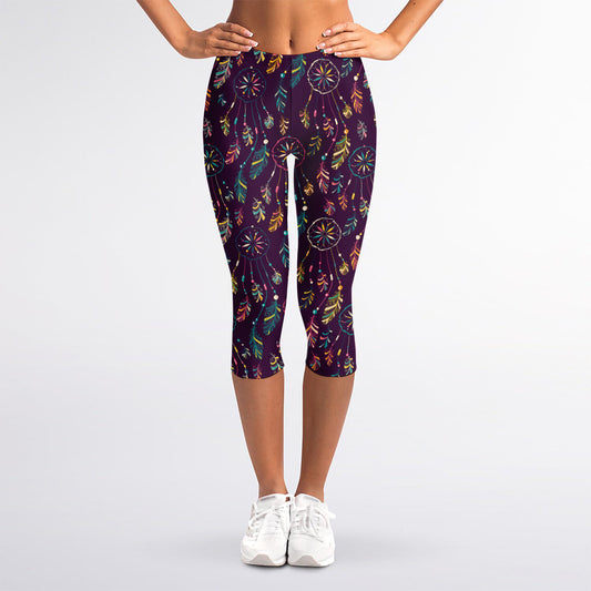 Purple Bohemian Dream Catcher Print Women's Capri Leggings