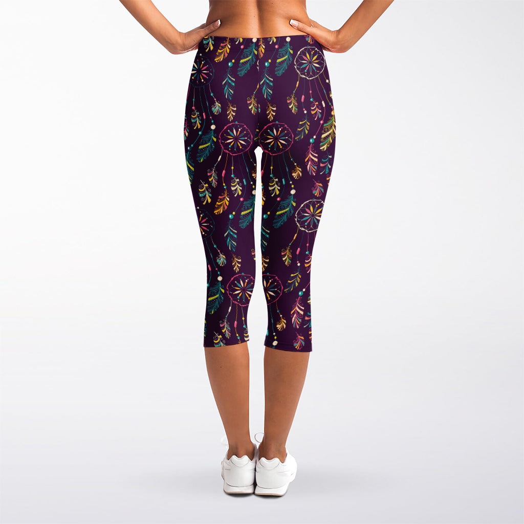 Purple Bohemian Dream Catcher Print Women's Capri Leggings