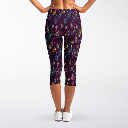 Purple Bohemian Dream Catcher Print Women's Capri Leggings