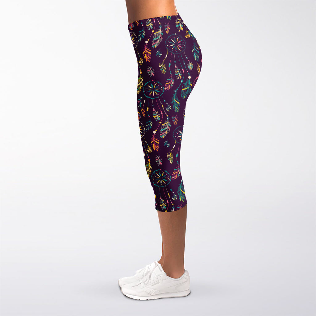 Purple Bohemian Dream Catcher Print Women's Capri Leggings