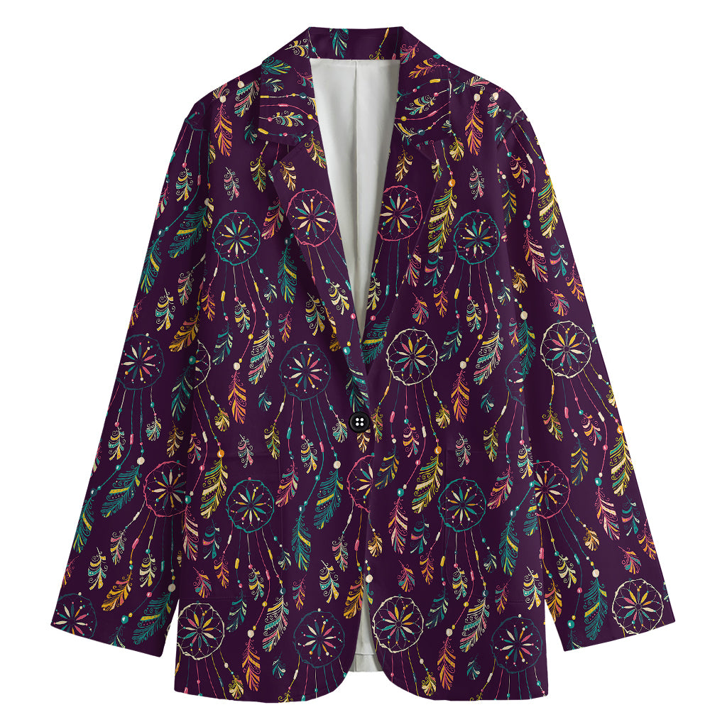 Purple Bohemian Dream Catcher Print Women's Cotton Blazer