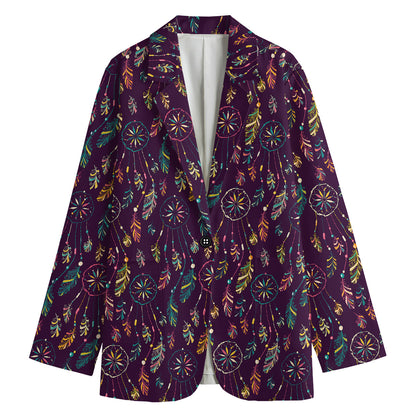 Purple Bohemian Dream Catcher Print Women's Cotton Blazer