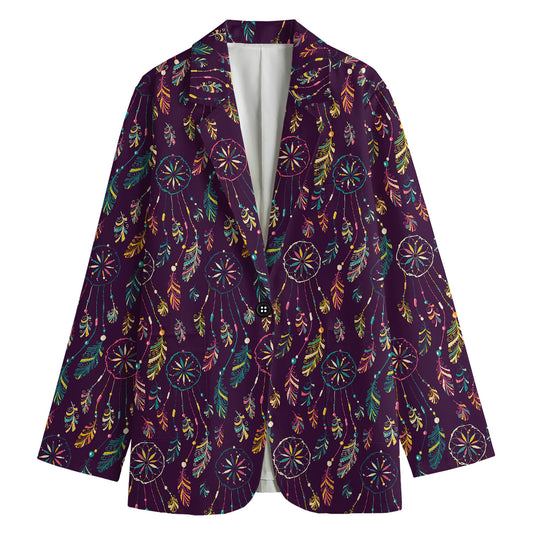 Purple Bohemian Dream Catcher Print Women's Cotton Blazer