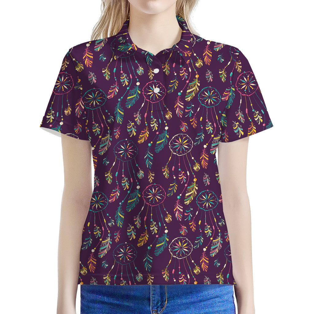 Purple Bohemian Dream Catcher Print Women's Polo Shirt