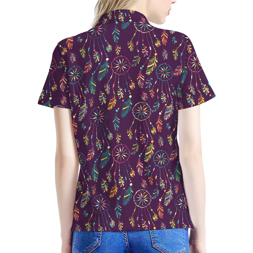 Purple Bohemian Dream Catcher Print Women's Polo Shirt