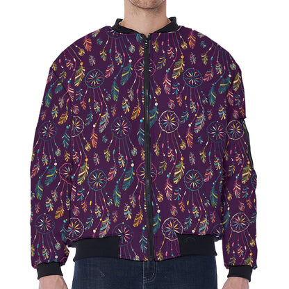 Purple Bohemian Dream Catcher Print Zip Sleeve Bomber Jacket