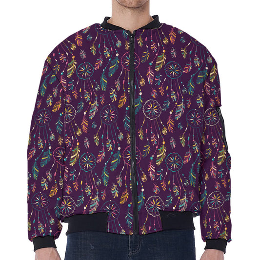 Purple Bohemian Dream Catcher Print Zip Sleeve Bomber Jacket