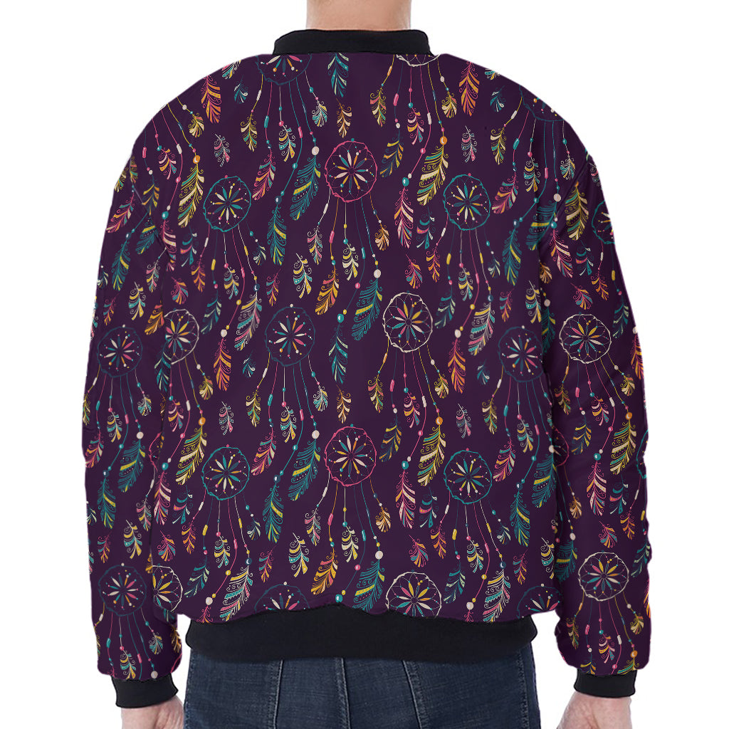 Purple Bohemian Dream Catcher Print Zip Sleeve Bomber Jacket