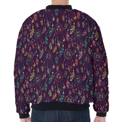 Purple Bohemian Dream Catcher Print Zip Sleeve Bomber Jacket