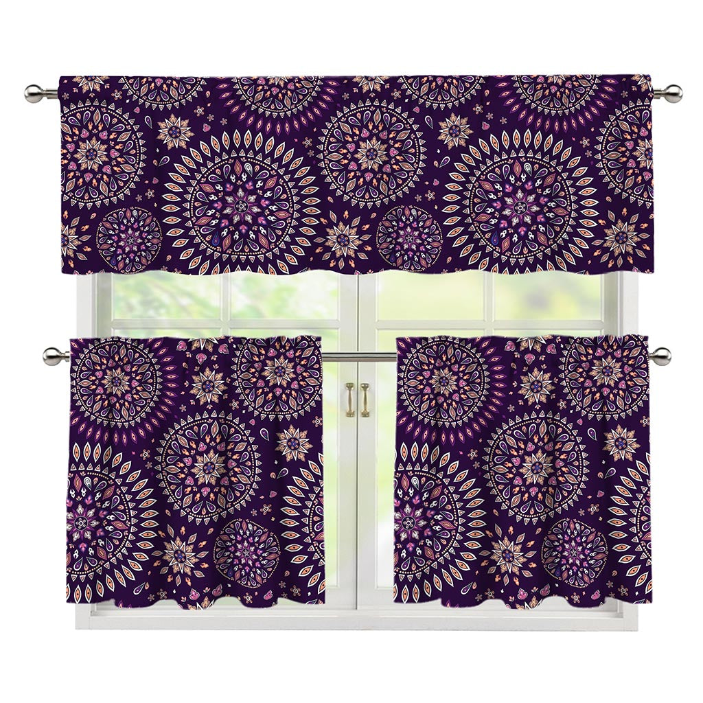 Purple Bohemian Mandala Pattern Print 3 Piece Kitchen Curtains