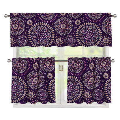 Purple Bohemian Mandala Pattern Print 3 Piece Kitchen Curtains