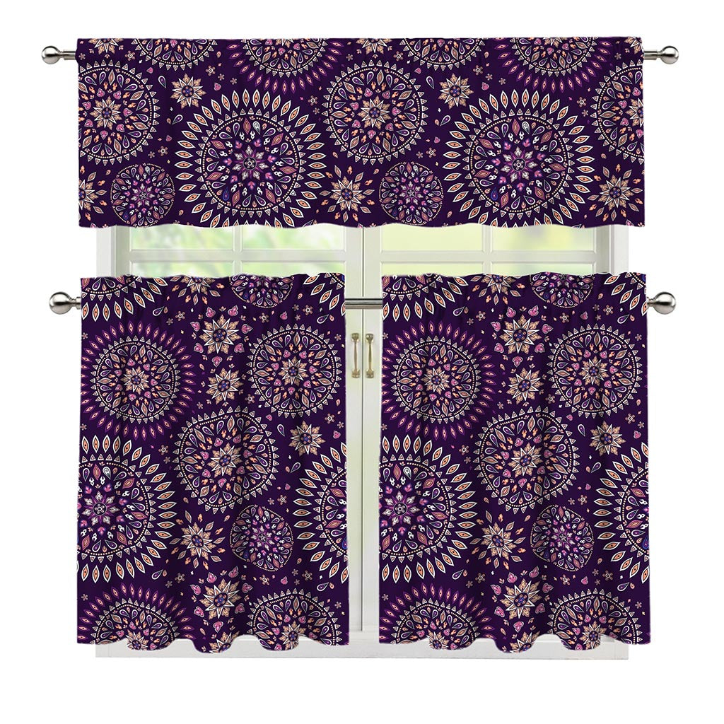 Purple Bohemian Mandala Pattern Print 3 Piece Kitchen Curtains