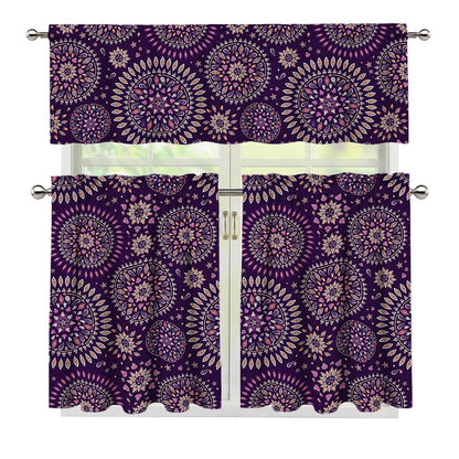 Purple Bohemian Mandala Pattern Print 3 Piece Kitchen Curtains