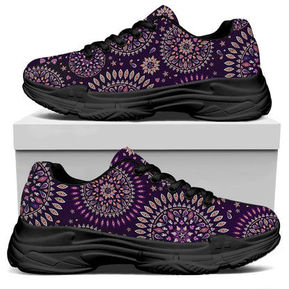 Purple Bohemian Mandala Pattern Print Black Chunky Shoes