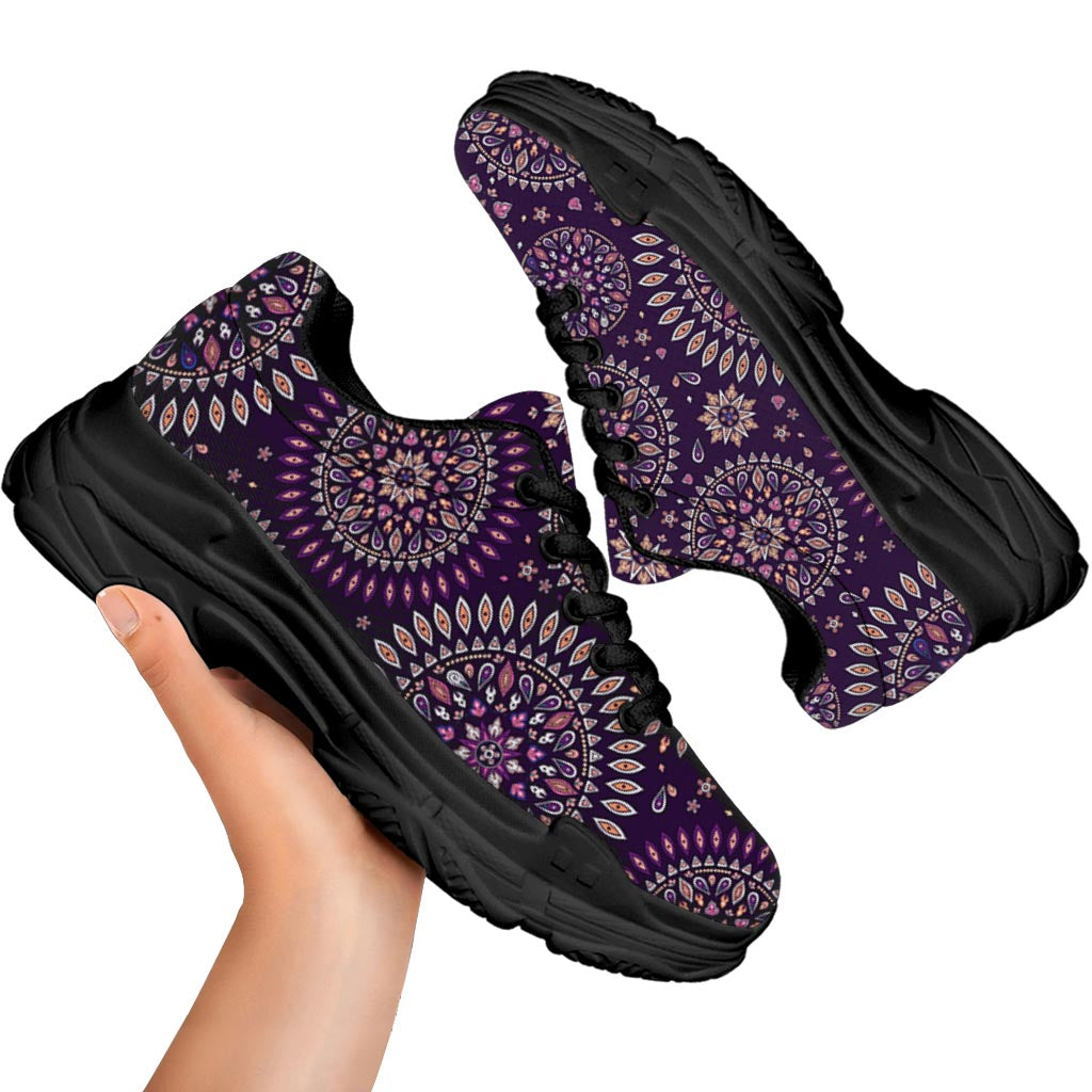 Purple Bohemian Mandala Pattern Print Black Chunky Shoes