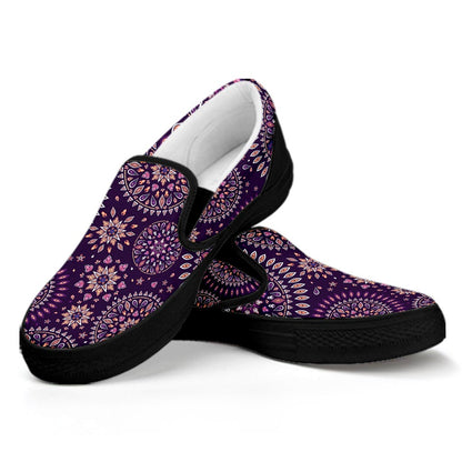 Purple Bohemian Mandala Pattern Print Black Slip On Sneakers