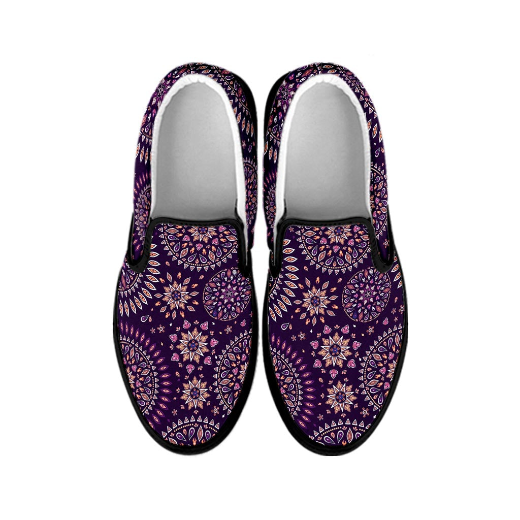 Purple Bohemian Mandala Pattern Print Black Slip On Sneakers