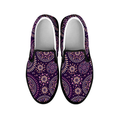 Purple Bohemian Mandala Pattern Print Black Slip On Sneakers