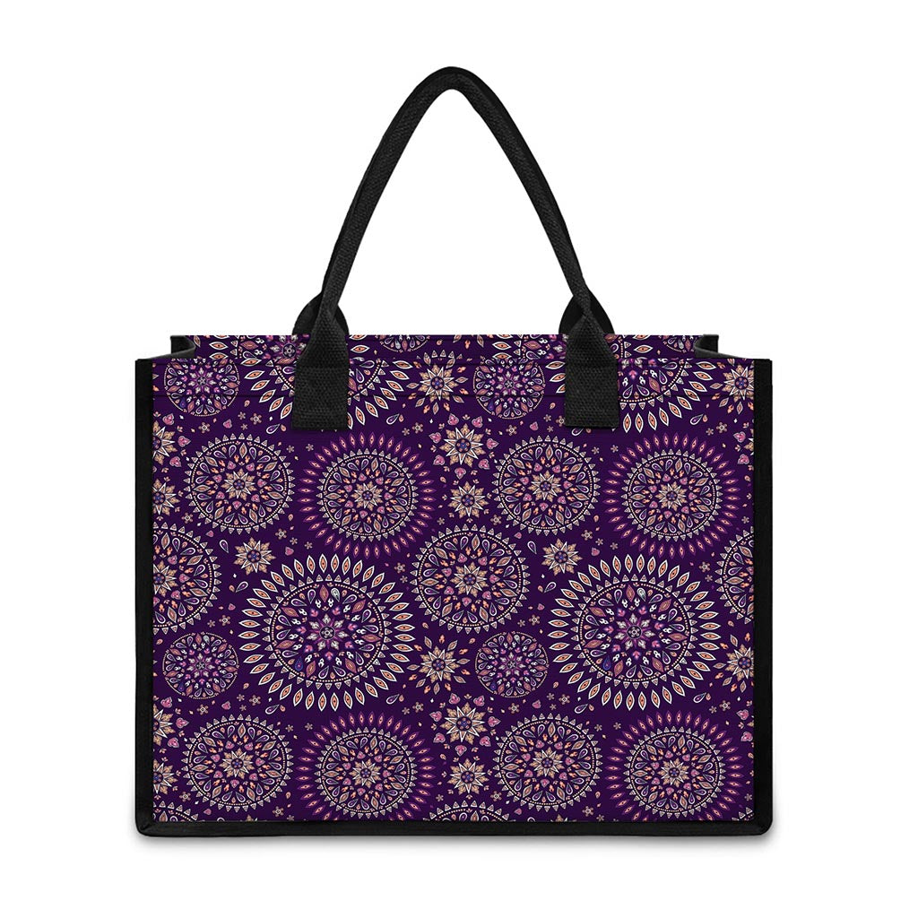 Purple Bohemian Mandala Pattern Print Canvas Tote Bag