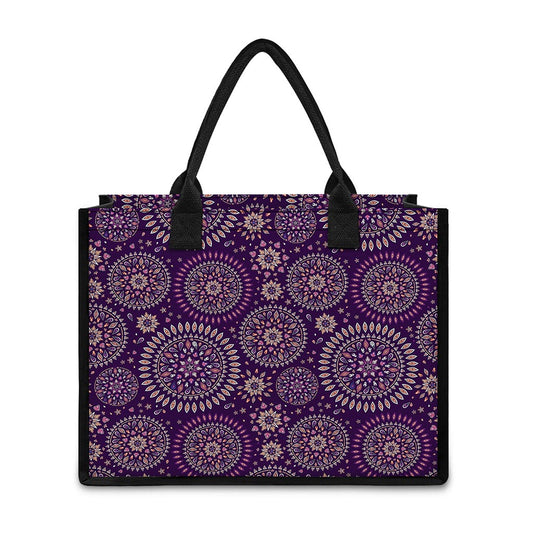Purple Bohemian Mandala Pattern Print Canvas Tote Bag