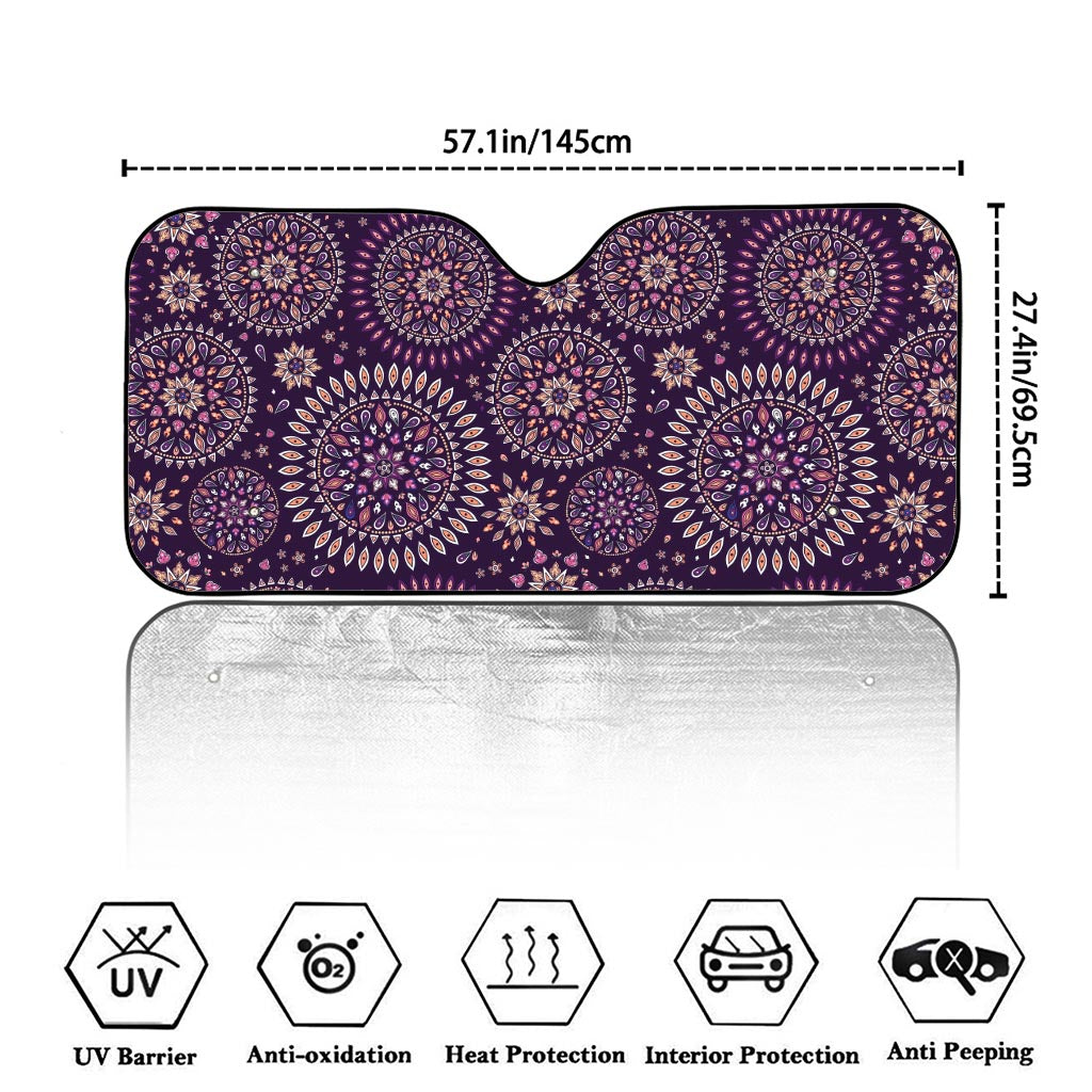 Purple Bohemian Mandala Pattern Print Car Windshield Sun Shade