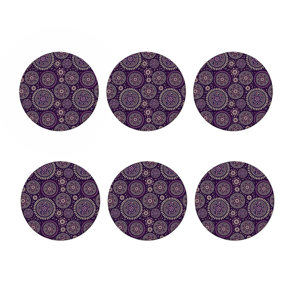 Purple Bohemian Mandala Pattern Print Coaster Set