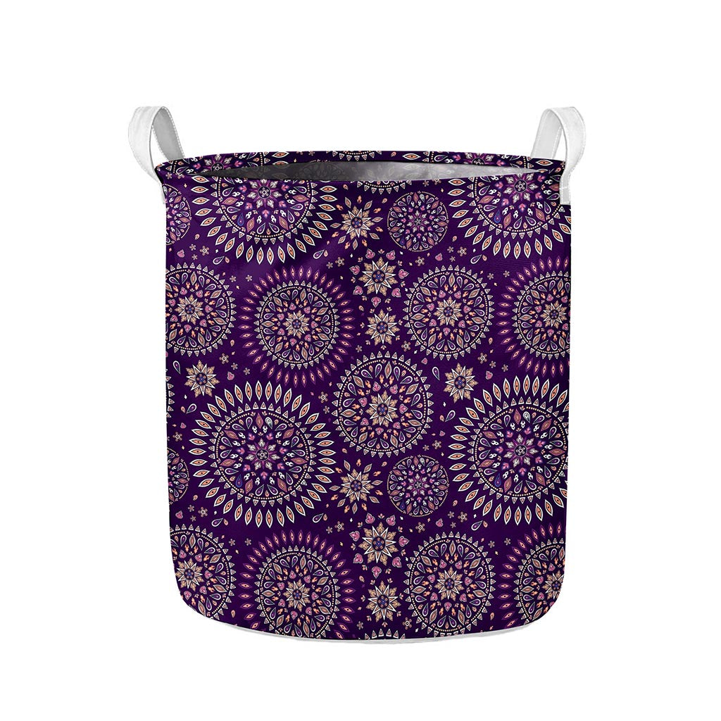 Purple Bohemian Mandala Pattern Print Collapsible Laundry Basket