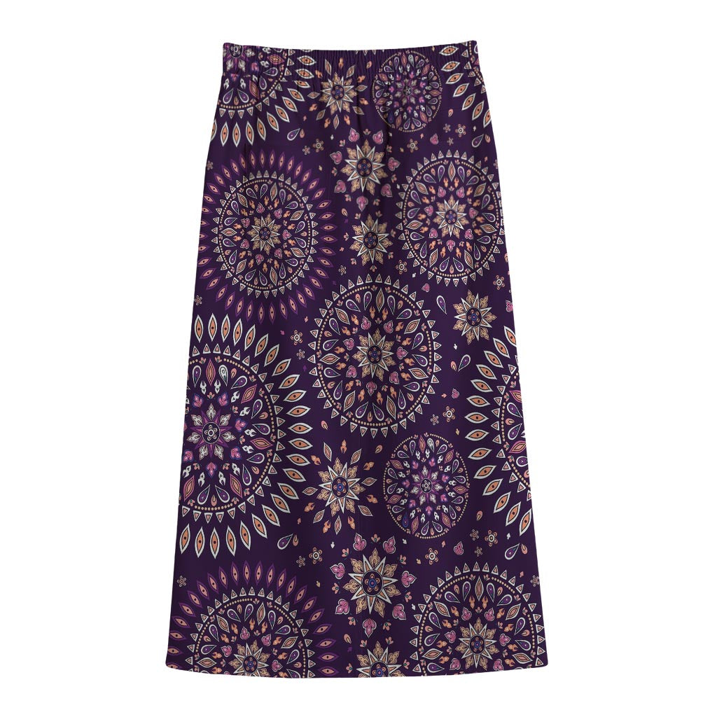 Purple Bohemian Mandala Pattern Print Cotton Front Slit Maxi Skirt