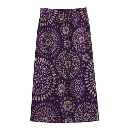 Purple Bohemian Mandala Pattern Print Cotton Front Slit Maxi Skirt