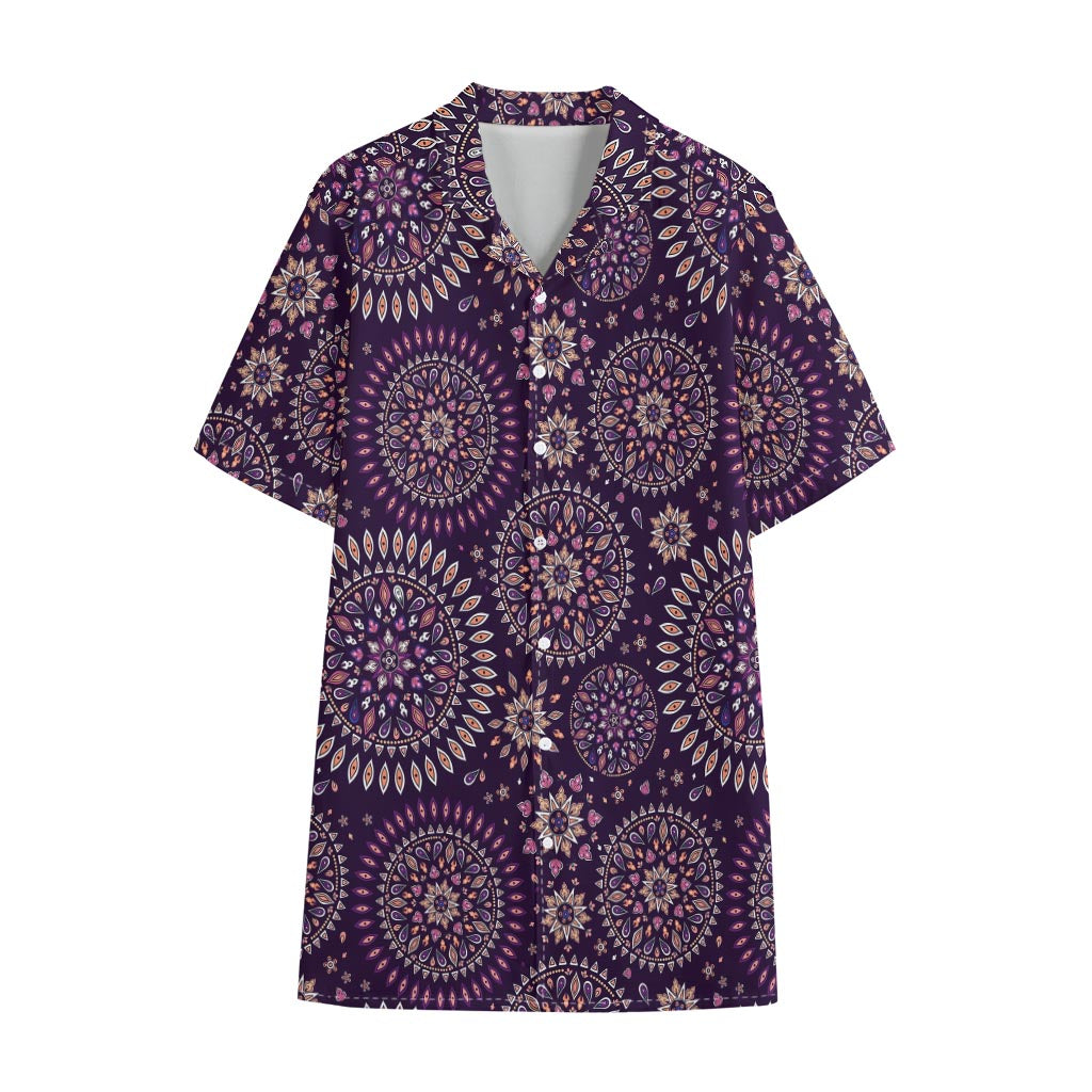 Purple Bohemian Mandala Pattern Print Cotton Hawaiian Shirt
