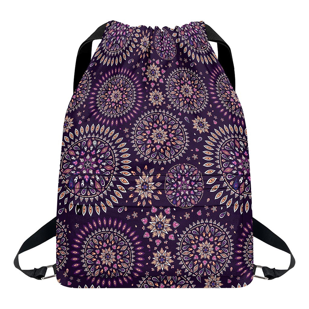 Purple Bohemian Mandala Pattern Print Drawstring Backpack