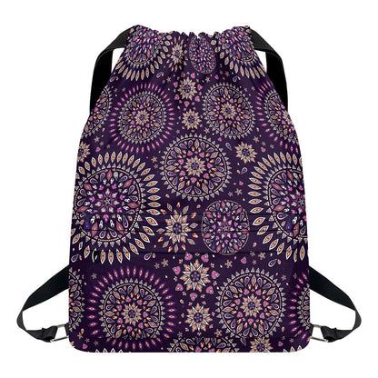 Purple Bohemian Mandala Pattern Print Drawstring Backpack