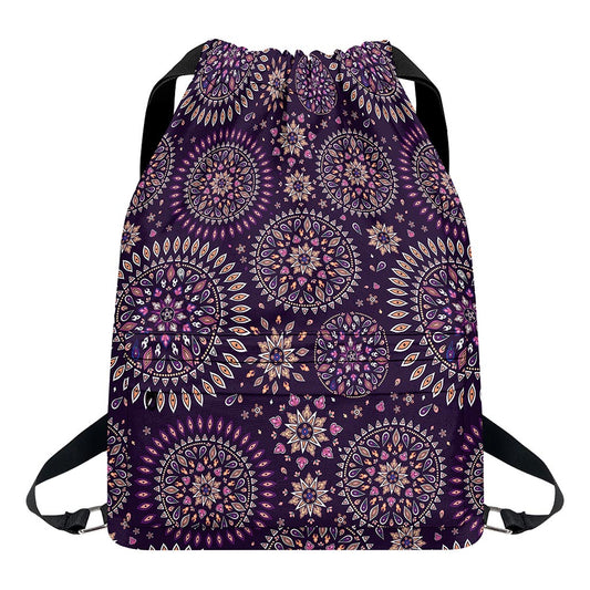 Purple Bohemian Mandala Pattern Print Drawstring Backpack
