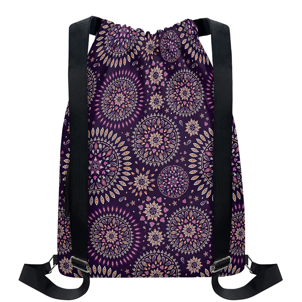Purple Bohemian Mandala Pattern Print Drawstring Backpack