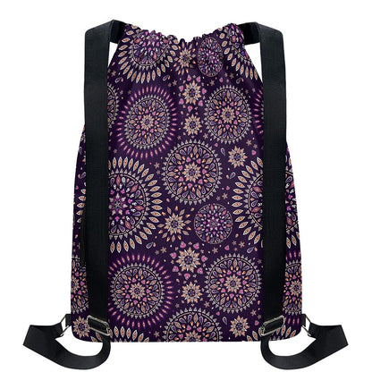 Purple Bohemian Mandala Pattern Print Drawstring Backpack