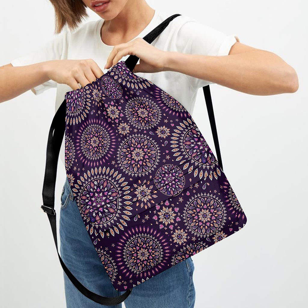 Purple Bohemian Mandala Pattern Print Drawstring Backpack
